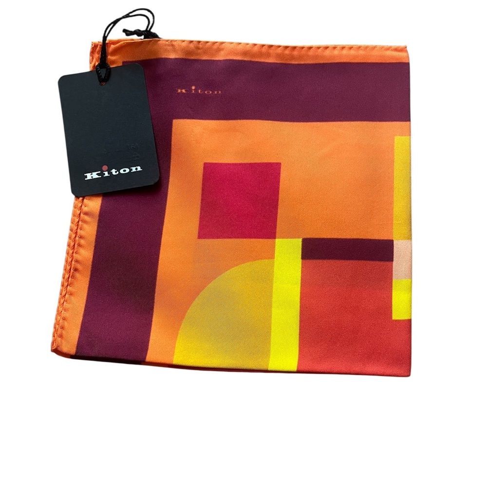 NWT Kiton Abstract Geometric Pocket Square – Orange Yellow Red 15x15 100% Silk